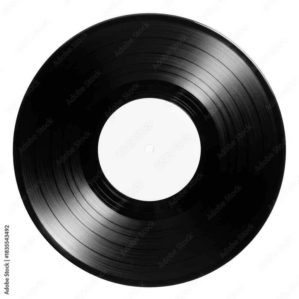 Obraz premium Closeup view of a black vinyl record with a blank white center label, isolated on transparent background