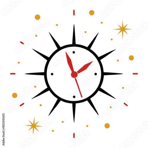 Retro starburst clock illustration with red hands and gold accents