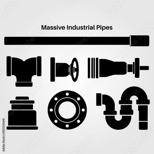 Massive industrial pipes silhouette vector icons, black plumbing fittings set for engineering and construction designs