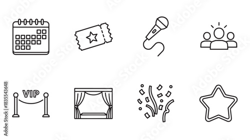 Event Entertainment Icons Vector Line Art Calendar Ticket Microphone Stage VIP Pass Confetti Star Group Meeting Venue Celebration Symbols
