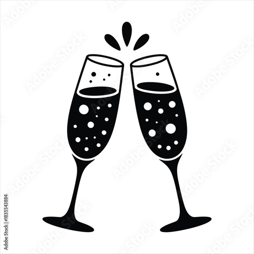 Two monochrome champagne flutes are clinking together with small splashes on a transparent background