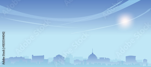 Blue panoramic poster of the city skyline with misty background buildings and clouds of VALENCIA, SPAIN