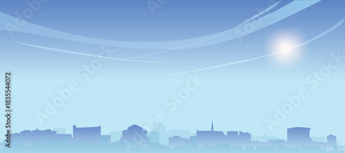 Blue panoramic poster of the city skyline with misty background buildings and clouds of UTRECHT, NETHERLANDS
