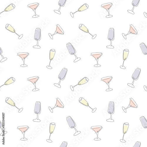 Seamless pattern with cocktails in glass glasses on a white background, vector illustration, flat design. Pattern template for design, wallpaper, wrapping paper, label, fabric. Alcoholic beverages