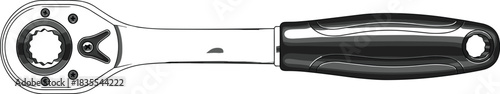 Vector illustration of a ratchet wrench tool with black handle, isolated on white background, suitable for mechanic repair and construction maintenance design projects.