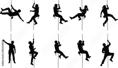 Vector Collection of Rock Climber Silhouettes, Featuring Men and Women Rappelling and Ascending Ropes in Various Action Poses, Representing Adventure, Extreme Sports, and Safety.