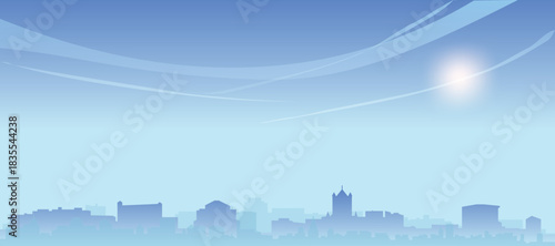 Blue panoramic poster of the city skyline with misty background buildings and clouds of GHENT, BELGIUM