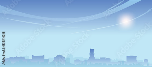 Blue panoramic poster of the city skyline with misty background buildings and clouds of BRUGES, BELGIUM