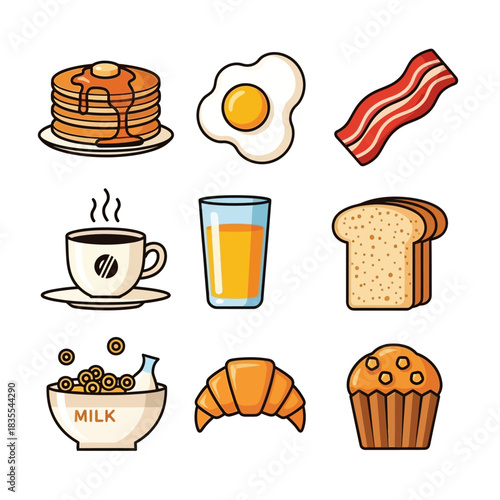 Vibrant Breakfast Food Icons Set Pancakes Eggs Bacon Coffee Juice Toast Cereal Croissant Muffin