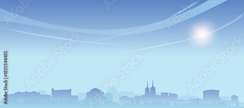 Blue panoramic poster of the city skyline with misty background buildings and clouds of WROCLAW, POLAND