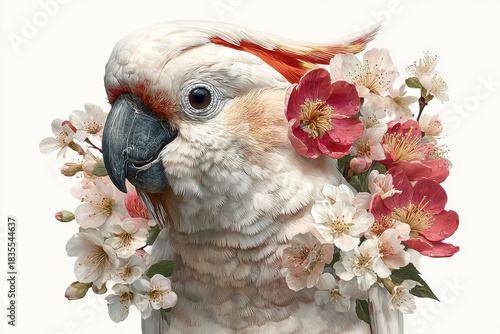 Watercolor illustration clipart of a single cute cockatoo with a flower crown made of native Australian blossoms, isolate on white background 