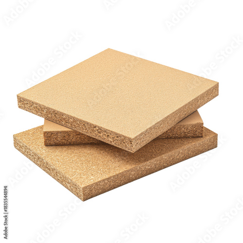 Stack of chipboard squares displaying material structure and finish isolated on white transparent background