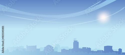 Blue panoramic poster of the city skyline with misty background buildings and clouds of MEXICO CITY, MEXICO