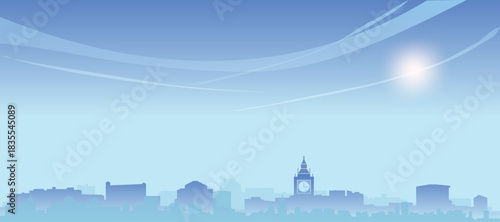 Blue panoramic poster of the city skyline with misty background buildings and clouds of LONDON, UNITED KINGDOM