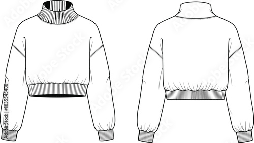 Technical Drawing of a Women's Cropped Hoodie Sweatshirt Vector Illustration, Front and Back Flat Sketch with Dropped Puff Sleeves for Fashion Apparel Design and Production,