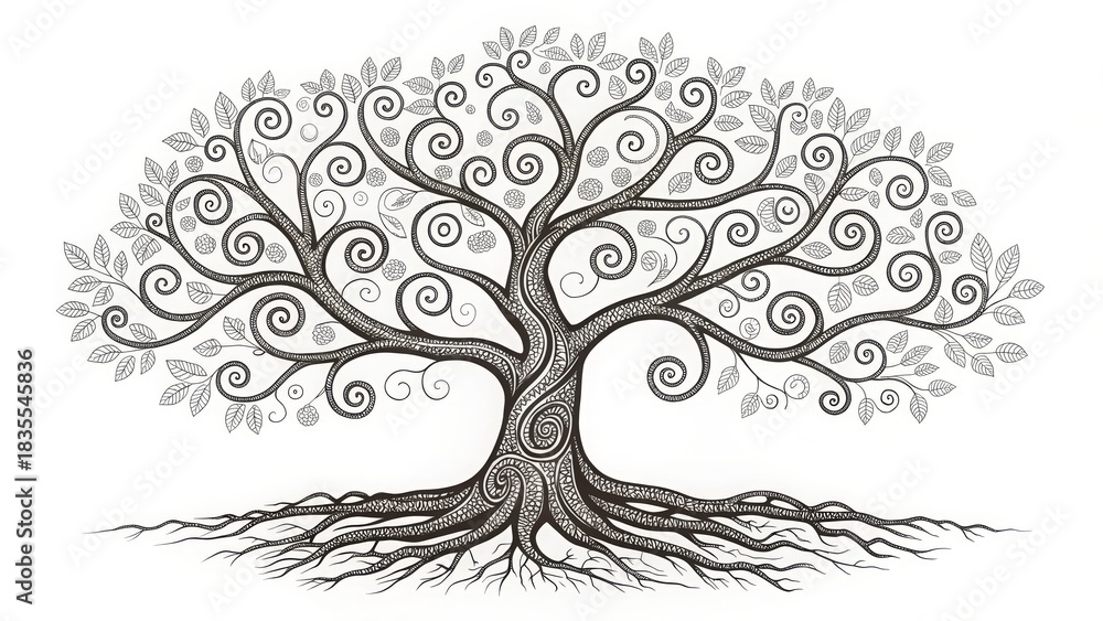 Obraz premium Intricate illustration of a swirling Tree of Life with detailed roots and curved branches, in grayscale against a white background. Excellent for spirituality, genealogy, and nature blogs.