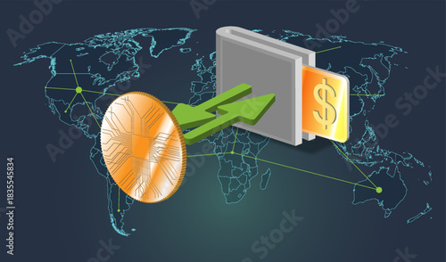 Digital wallet transfers coins on a world map with symbols of currency in a modern setting