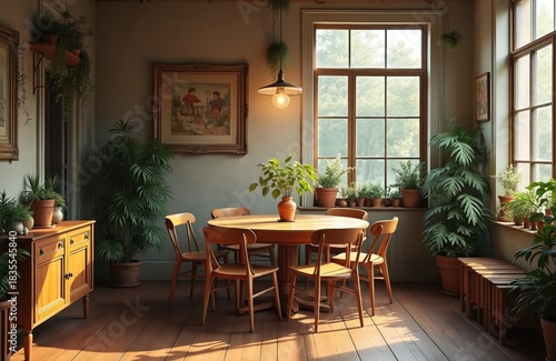 Cozy dining room with wooden table, chairs. Natural light streams through large windows green plants. Vintage art adorns walls creating warm inviting atmosphere for gathering, relaxing.