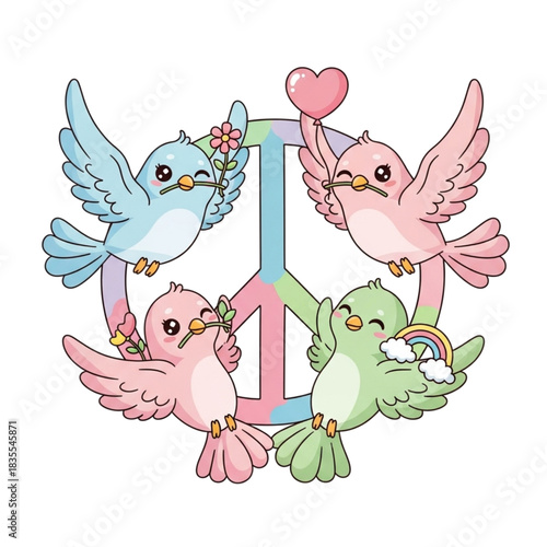 Adorable pastel birds deliver love and peace with flowers and rainbows, spreading joy and happiness, originally a scalable vector graphic