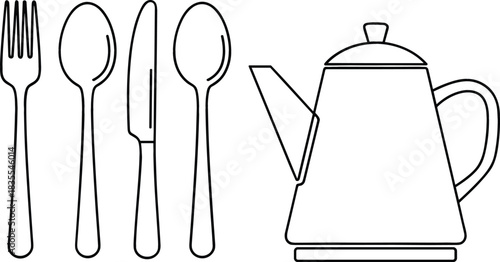 Simple outline drawing of a fork spoon knife spoon and teapot