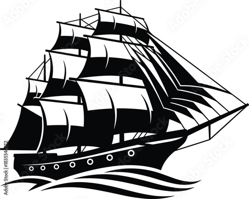 Vintage sailing ship silhouettes and outline sketches set, antique nautical vessel collection with compass rose, retro sea travel boat vector illustration.