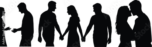 Romantic couple interaction silhouette illustration set, relationship progression and intimacy gesture sequence, love concept vector, black and white graphic