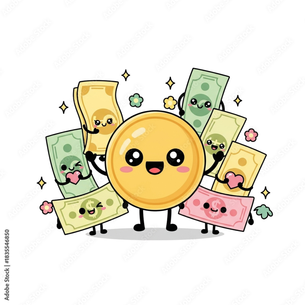 Fototapeta premium Adorable money cartoon characters celebrating financial success and happiness, fun banking and savings illustration, perfect for kids finance educational content