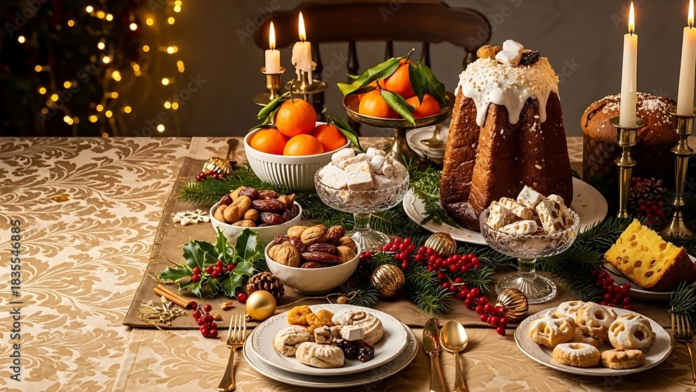 Naklejka premium Festive Christmas Feast A Sumptuous Table Setting with Traditional Holiday Treats and Delights