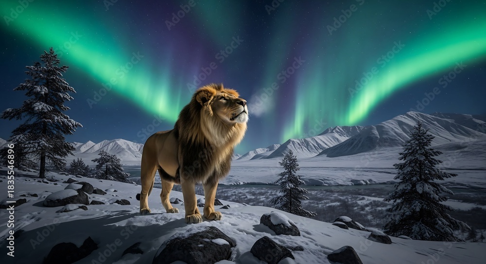 Obraz premium A majestic lion, a big mammal, sitting in a white landscape of snow and winter, like a big doggy in nature