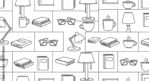 Cozy reading corner pattern with books lamps glasses and coffee cups