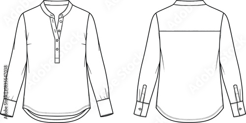 Women's blouse, band collar, half placket, long sleeve, bust darts, front back view, fashion technical sketch, template, cad drawing flat vector illustration