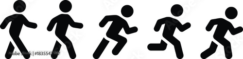 silhouette, icon, person, figure, man, woman, walking, running, movement, motion, speed, progression, sequence, steps, stride, activity, exercise, fitness, black and white, graphic, human, body, pose,