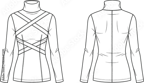 Women's Fitted Turtleneck or Polo Neck Top Technical Fashion Flat Sketch, Featuring a Crossover Front Harness Strap Detail and Long Sleeves Vector.