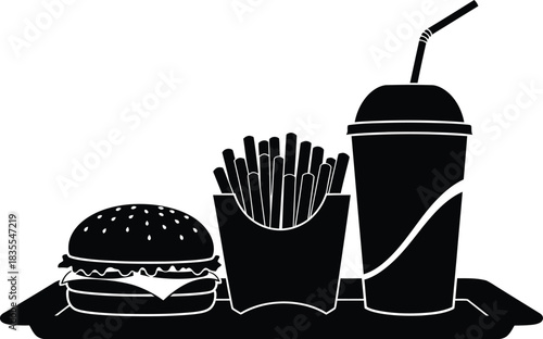 Black and white fast food meal on tray burger fries and drink