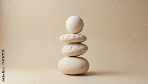 Four light beige stones stacked in perfect balance on plain background. Composition simple, clean, creating serene, harmonious feel. Smooth textures, neutral earth tones suggest tranquility, natural
