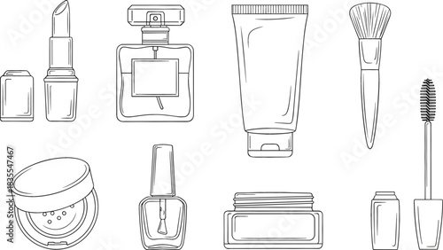 Collection of cosmetic and beauty product line art illustrations