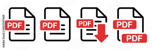 PDF File Format Icons Set, Clean Vector Illustration of Download Symbols and Document Indicators for Texts, Images, Videos, Interactive Forms, and Digital Interface Designs