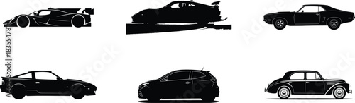Collection of silhouetted classic and modern cars on a white background