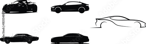 Collection of black car silhouettes and sketches on white background