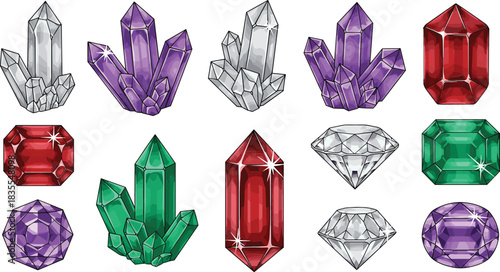 Collection of colorful gemstones and crystals on white background