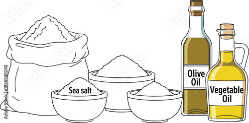 Baking ingredients including flour salt and oils in a clean illustration