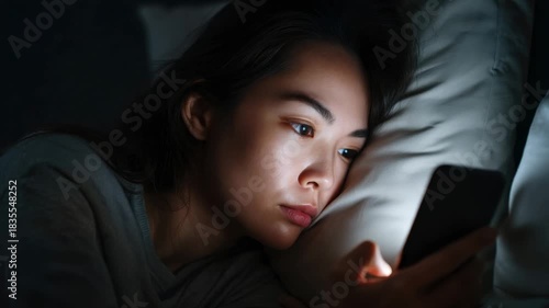 Person uses phone late at night while lying in bed and looking at the screen in a dark room