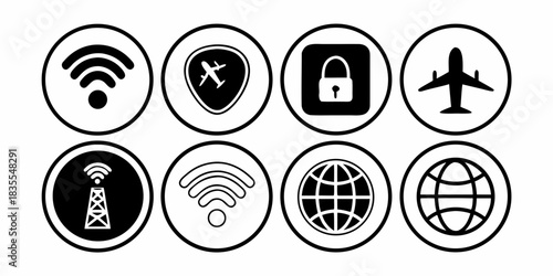 Modern Digital Icons Representing Global Connectivity, Wireless Communication, Travel Security, and Network Safety for Technology and Internet Applications