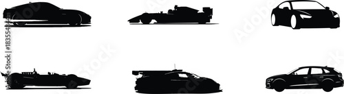Silhouette collection of racing and sports cars on a white background