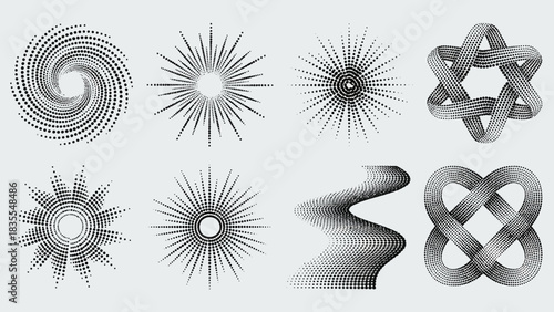 Abstract Spiral and Vortex Icon Set Featuring Dot-Based Rotational Patterns – Ideal for Scientific Visualization, Motion Graphics, and Conceptual Design in Physics, Data Art, and Pattern Recognition
