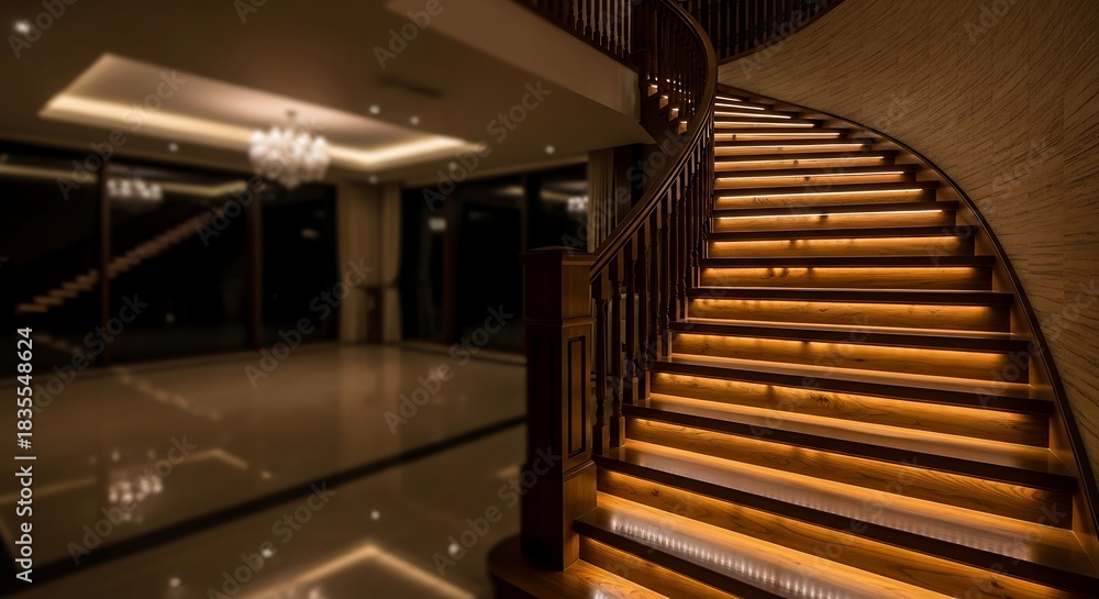 Obraz premium Elegant spiral staircase with subtle glowing lights in luxury residence