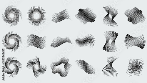 Abstract Spiral and Vortex Icon Set Featuring Dot-Based Rotational Patterns – Ideal for Scientific Visualization, Motion Graphics, and Conceptual Design in Physics, Data Art, and Pattern Recognition