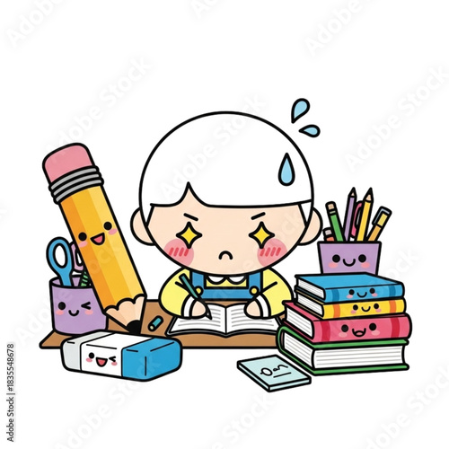Cute cartoon student studying hard with kawaii school supplies, student life cartoon, perfect for back to school and educational content