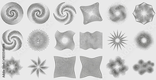 Abstract Spiral and Vortex Icon Set Featuring Dot-Based Rotational Patterns – Ideal for Scientific Visualization, Motion Graphics, and Conceptual Design in Physics, Data Art, and Pattern Recognition