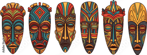 Collection of six colorful african tribal masks with intricate patterns